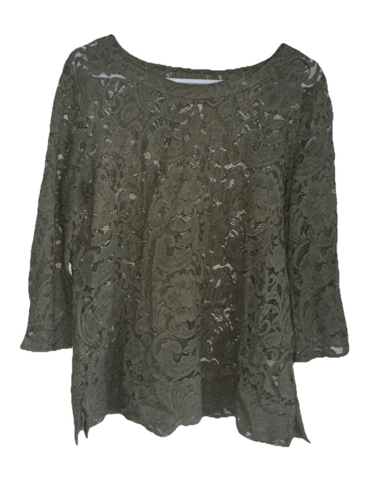 Chicos Top Womens Sz 1 Or M Green Lace Roll Tab Casual Stretch Sheer Boho